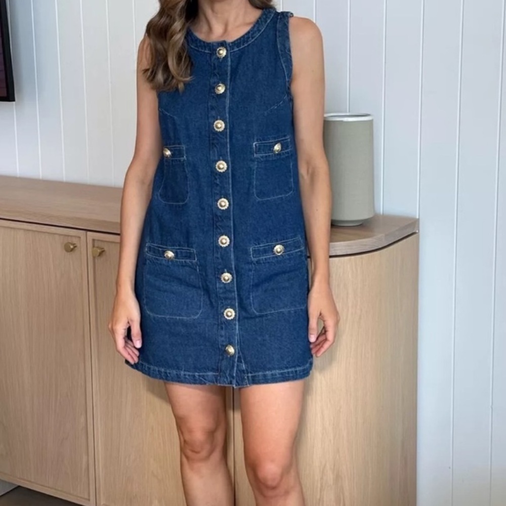 Reformation Dark Blue Denim Mini Dress with Gold Buttons